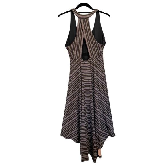 Prana Women's Saxon Dress Midi Red Clay Black Stripe‎ V-Neck Handkerchief Hem M - Picture 4 of 7